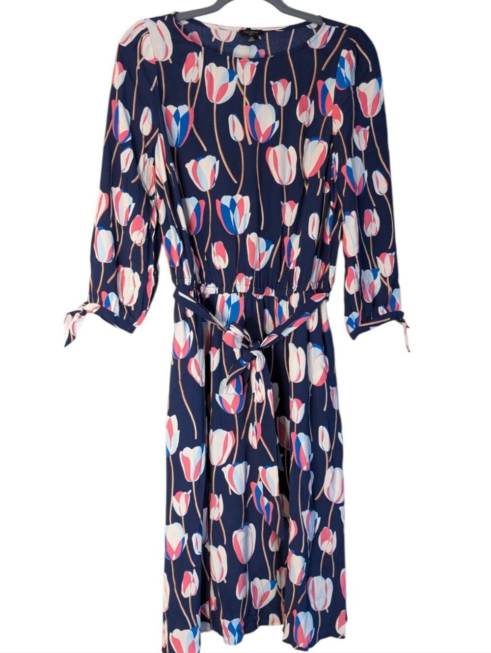 NWT Talbots Navy Blue Tulip Print Midi Dress with Tie Sleeves Casual Church PS